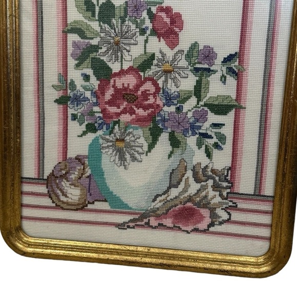 Vintage 1987 Counted Cross Stitch Shells & Floral Vase Gold Framed Wall Decor - Picture 4 of 7
